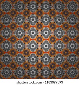Vector patchwork quilt pattern in brown, yellow and gray colors. Indian, Arabic, Turkish motifs. Vintage decorative elements. Hand drawn seamless pattern. Abstract colorful mosaic style.