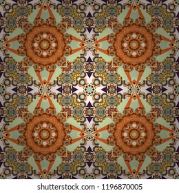 Vector patchwork quilt pattern in brown, orange and beige colors. Indian, Arabic, Turkish motifs. Vintage decorative elements. Hand drawn seamless pattern. Abstract colorful mosaic style.