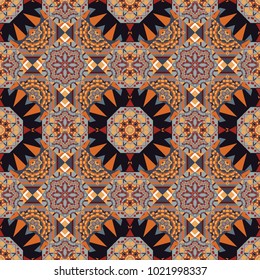 Vector patchwork quilt pattern. Colorful seamless pattern in mosaic style. Abstract hand drawn art, stylized floral doodle background in gray, orange and black colors. Textile fabric paper print.