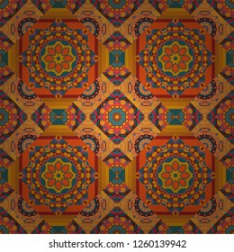 Vector patchwork quilt pattern. Colorful seamless pattern in mosaic style. Textile fabric paper print. Stylized floral doodle background. Oriental ethnic ornament in green, yellow and orange colors.