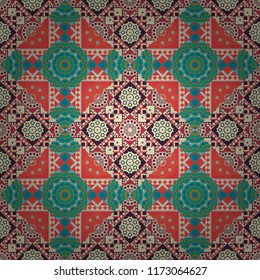 Vector patchwork quilt pattern in gray, beige and pink colors. Indian, Arabic, Turkish motifs. Vintage decorative elements. Hand drawn seamless pattern. Abstract colorful mosaic style.