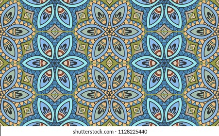 Vector patchwork quilt pattern. Hand drawn decorative collage background. Indian, Arabic, Turkish ornament for printing on fabric or paper. Abstract colorful seamless pattern in mosaic