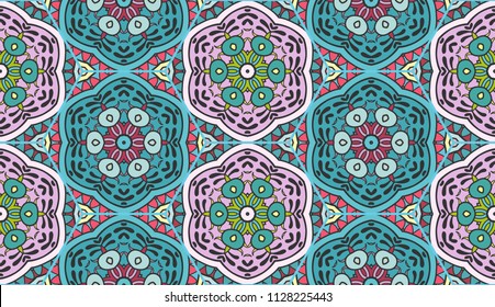 Vector patchwork quilt pattern. Hand drawn decorative collage background. Indian, Arabic, Turkish ornament for printing on fabric or paper. Abstract colorful seamless pattern in mosaic