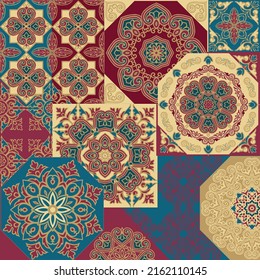 Vector patchwork quilt pattern.  Indian, Arabic, Turkish motifs for printing on fabric or paper. Abstract colorful doodle pattern in mosaic style