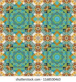 Vector patchwork quilt pattern in orange, blue and green colors. Hand drawn seamless pattern. Abstract colorful mosaic style. Indian, Arabic, Turkish motifs. Vintage decorative elements.