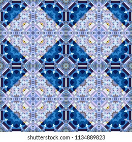 Vector patchwork quilt pattern. Oriental ethnic ornament in blue, gray and neutral colors. Stylized floral doodle background. Colorful seamless pattern in mosaic style. Textile fabric paper print.