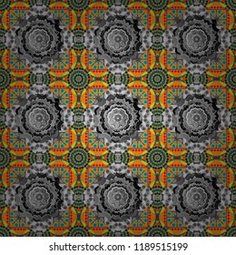 Vector patchwork quilt pattern. Oriental ethnic ornament in blue, gray and orange colors. Colorful seamless pattern in mosaic style. Textile fabric paper print. Stylized floral doodle background.