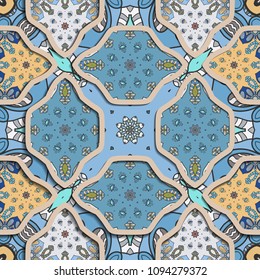 Vector patchwork quilt pattern. Ornate seamless texture collage background. Vintage mandala elements. Relief wavy lines of ornamental mosaic doodle patterns