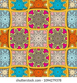 Vector patchwork quilt pattern. Ornate seamless texture collage background. Vintage mandala elements. Relief wavy lines of ornamental mosaic doodle patterns