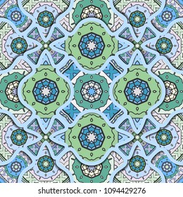 Vector patchwork quilt pattern. Ornate seamless texture collage background. Vintage mandala elements. Relief wavy lines of ornamental mosaic doodle patterns