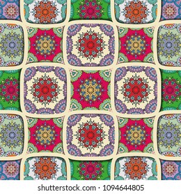 Vector patchwork quilt pattern. Ornate seamless texture collage background. Vintage mandala elements. Relief wavy lines of ornamental mosaic doodle patterns