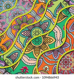 Vector patchwork quilt pattern. Ornate hand drawn texture collage background. Vintage mandala elements. Relief wavy lines of ornamental mosaic doodle patterns