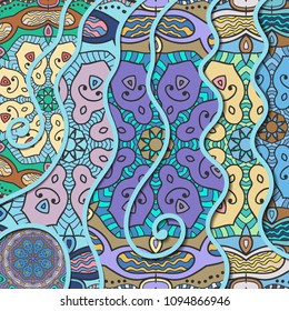 Vector patchwork quilt pattern. Ornate hand drawn texture collage background. Vintage mandala elements. Relief wavy lines of ornamental mosaic doodle patterns