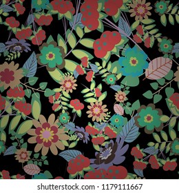 Vector patchwork quilt pattern. Stylized floral doodle background. Textile fabric paper print. Colorful seamless pattern in mosaic style. Oriental ethnic ornament in blue, gray and orange colors.