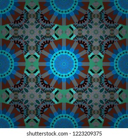 Vector patchwork quilt pattern. Stylized floral doodle background. Colorful seamless pattern in mosaic style. Oriental ethnic ornament in green, blue and brown colors. Textile fabric paper print.