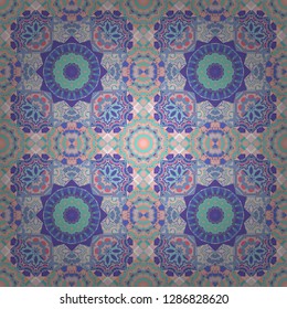 Vector patchwork quilt pattern. Stylized floral doodle background. Oriental ethnic ornament in pink, blue and violet colors. Textile fabric paper print. Colorful seamless pattern in mosaic style.