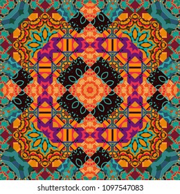 Vector patchwork quilt pattern. Textile fabric paper print. Stylized floral doodle background. Oriental ethnic ornament in blue, orange and brown colors. Colorful seamless pattern in mosaic style.