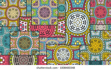 Vector patchwork quilt pattern. Vintage decorative elements. Hand drawn background. Indian, Arabic, Turkish motifs for printing on fabric or paper. Abstract colorful doodle pattern in mosaic style