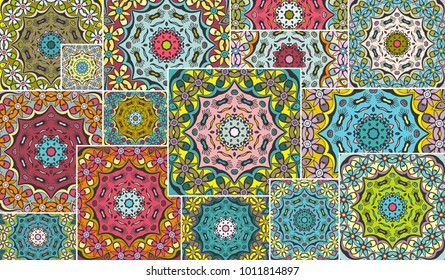Vector patchwork quilt pattern. Vintage decorative elements. Hand drawn background. Indian, Arabic, Turkish motifs for printing on fabric or paper. Abstract colorful doodle pattern in mosaic style