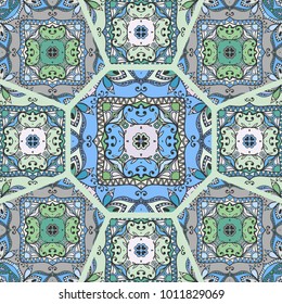Vector patchwork quilt pattern. Vintage decorative elements. Hand drawn background. Indian, Arabic, Turkish motifs for printing on fabric or paper. Abstract colorful doodle pattern in mosaic style