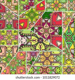 Vector patchwork quilt pattern. Vintage decorative elements. Hand drawn background. Indian, Arabic, Turkish motifs for printing on fabric or paper. Abstract colorful doodle pattern in mosaic style