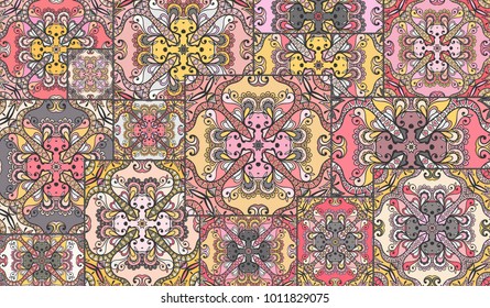 Vector patchwork quilt pattern. Vintage decorative elements. Hand drawn background. Indian, Arabic, Turkish motifs for printing on fabric or paper. Abstract colorful doodle pattern in mosaic style