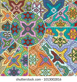 Vector patchwork quilt pattern. Vintage decorative elements. Hand drawn background. Indian, Arabic, Turkish motifs for printing on fabric or paper. Abstract colorful doodle pattern in mosaic style