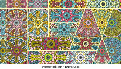 Vector patchwork quilt pattern. Vintage decorative elements. Hand drawn background. Indian, Arabic, Turkish motifs for printing on fabric or paper. Abstract colorful doodle pattern in mosaic style