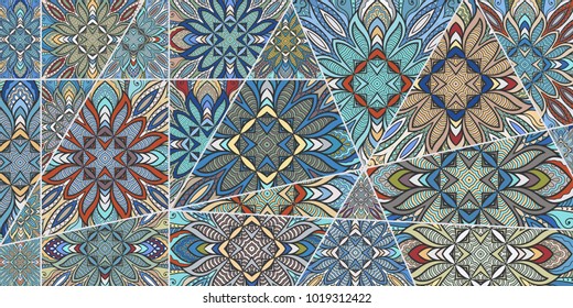 Vector patchwork quilt pattern. Vintage decorative elements. Hand drawn background. Indian, Arabic, Turkish motifs for printing on fabric or paper. Abstract colorful doodle pattern in mosaic style