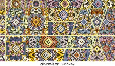 Vector patchwork quilt pattern. Vintage decorative elements. Hand drawn background. Indian, Arabic, Turkish motifs for printing on fabric or paper. Abstract colorful doodle pattern in mosaic style