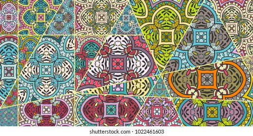 Vector patchwork quilt pattern. Vintage decorative elements. Hand drawn background. Indian, Arabic, Turkish motifs for printing on fabric or paper. Abstract colorful doodle pattern in mosaic style