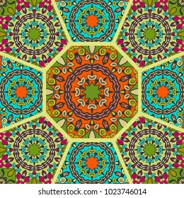 Vector patchwork quilt pattern. Vintage decorative elements. Hand drawn background. Indian, Arabic, Turkish motifs for printing on fabric or paper. Abstract colorful doodle pattern in mosaic style