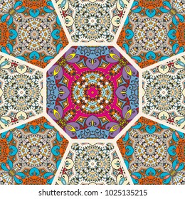 Vector patchwork quilt pattern. Vintage decorative elements. Hand drawn background. Indian, Arabic, Turkish motifs for printing on fabric or paper. Abstract colorful doodle pattern in mosaic style