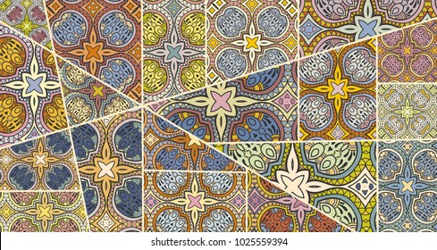 Vector patchwork quilt pattern. Vintage decorative elements. Hand drawn background. Indian, Arabic, Turkish motifs for printing on fabric or paper. Abstract colorful doodle pattern in mosaic style