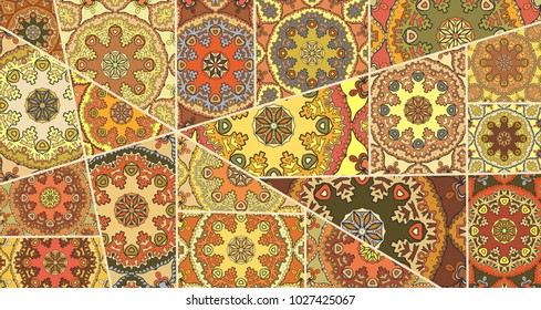 Vector patchwork quilt pattern. Vintage decorative elements. Hand drawn background. Indian, Arabic, Turkish motifs for printing on fabric or paper. Abstract colorful doodle pattern in mosaic style