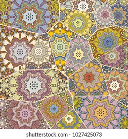 Vector patchwork quilt pattern. Vintage decorative elements. Hand drawn background. Indian, Arabic, Turkish motifs for printing on fabric or paper. Abstract colorful doodle pattern in mosaic style