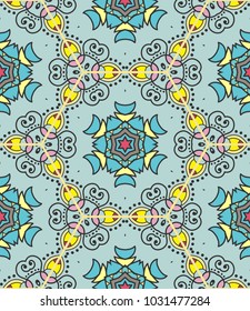 Vector patchwork quilt pattern. Vintage decorative elements. Hand drawn background. Indian, Arabic, Turkish motifs for printing on fabric or paper. Abstract colorful doodle pattern in mosaic style