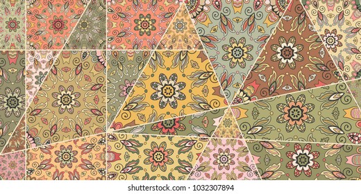 Vector patchwork quilt pattern. Vintage decorative elements. Hand drawn background. Indian, Arabic, Turkish motifs for printing on fabric or paper. Abstract colorful doodle pattern in mosaic style