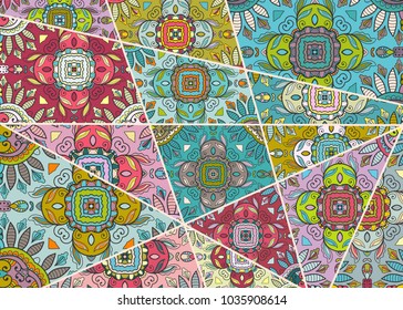 Vector patchwork quilt pattern. Vintage decorative elements. Hand drawn background. Indian, Arabic, Turkish motifs for printing on fabric or paper. Abstract colorful doodle pattern in mosaic style