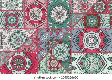 Vector patchwork quilt pattern. Vintage decorative elements. Hand drawn background. Indian, Arabic, Turkish motifs for printing on fabric or paper. Abstract colorful doodle pattern in mosaic style