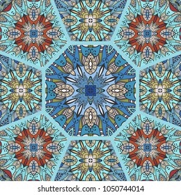 Vector patchwork quilt pattern. Vintage decorative elements. Hand drawn background. Indian, Arabic, Turkish motifs for printing on fabric or paper. Abstract colorful doodle pattern in mosaic style