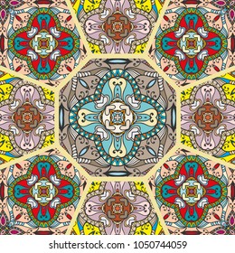 Vector patchwork quilt pattern. Vintage decorative elements. Hand drawn background. Indian, Arabic, Turkish motifs for printing on fabric or paper. Abstract colorful doodle pattern in mosaic style