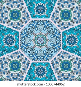 Vector patchwork quilt pattern. Vintage decorative elements. Hand drawn background. Indian, Arabic, Turkish motifs for printing on fabric or paper. Abstract colorful doodle pattern in mosaic style