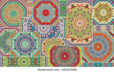 Vector patchwork quilt pattern. Vintage decorative elements. Hand drawn background. Indian, Arabic, Turkish motifs for printing on fabric or paper. Abstract colorful doodle pattern in mosaic style