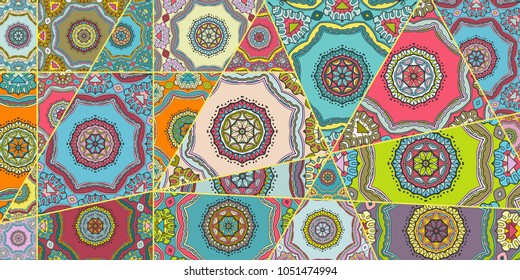 Vector patchwork quilt pattern. Vintage decorative elements. Hand drawn background. Indian, Arabic, Turkish motifs for printing on fabric or paper. Abstract colorful doodle pattern in mosaic style