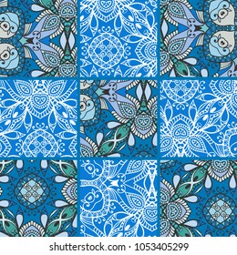 Vector patchwork quilt pattern. Vintage decorative elements. Hand drawn background. Indian, Arabic, Turkish motifs for printing on fabric or paper. Abstract colorful doodle pattern in mosaic style