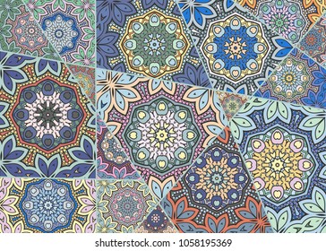 Vector patchwork quilt pattern. Vintage decorative elements. Hand drawn background. Indian, Arabic, Turkish motifs for printing on fabric or paper. Abstract colorful doodle pattern in mosaic style