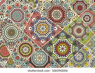 Vector patchwork quilt pattern. Vintage decorative elements. Hand drawn background. Indian, Arabic, Turkish motifs for printing on fabric or paper. Abstract colorful doodle pattern in mosaic style