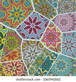 Vector patchwork quilt pattern. Vintage decorative elements. Hand drawn background. Indian, Arabic, Turkish motifs for printing on fabric or paper. Abstract colorful doodle pattern in mosaic style