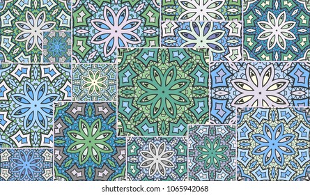 Vector patchwork quilt pattern. Vintage decorative elements. Hand drawn background. Indian, Arabic, Turkish motifs for printing on fabric or paper. Abstract colorful doodle pattern in mosaic style